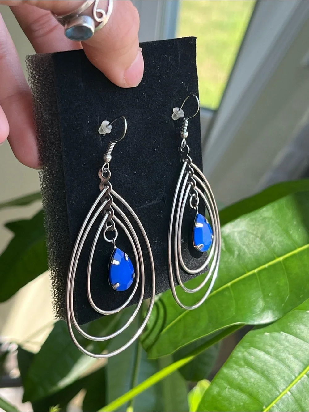 Silver Teardrop Earrings with Cobalt Blue Stone, maybe vintage